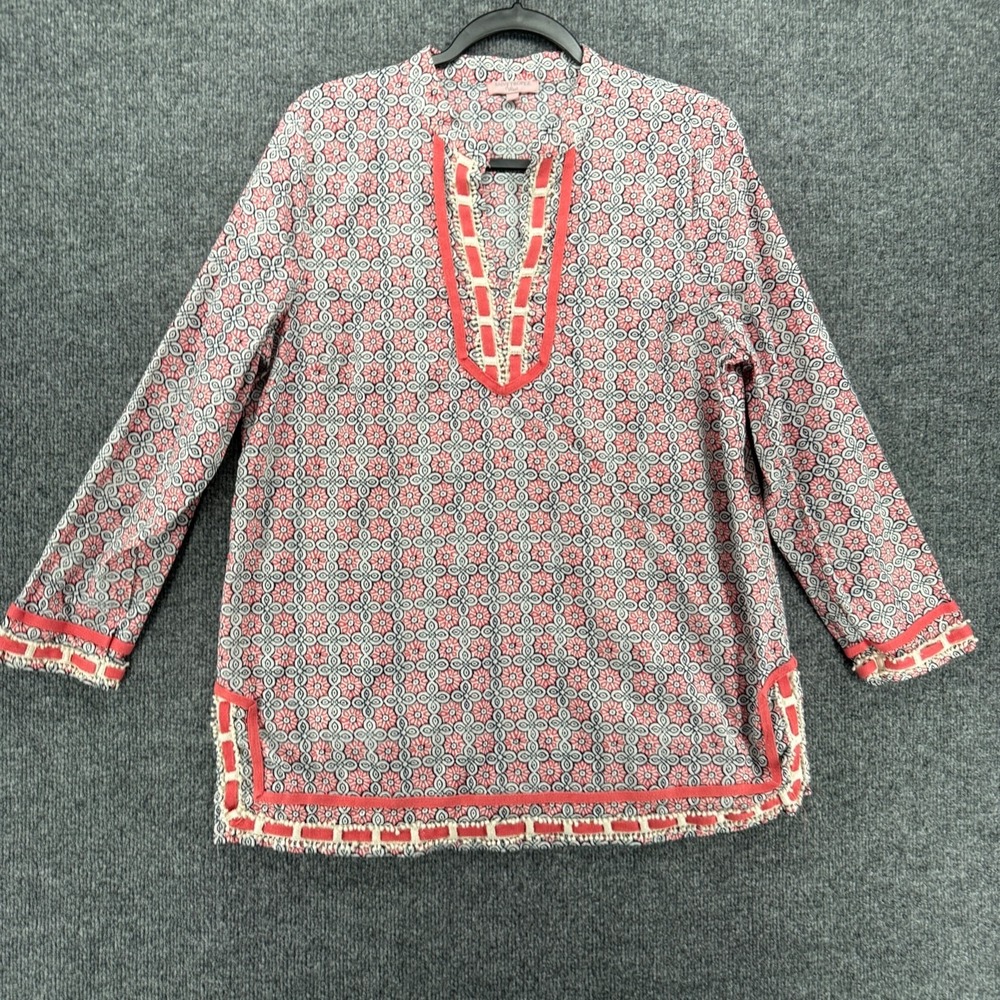 Saint‎ Tropez West Top Womens XL Coral Print Tunic Popover Coastal Beachy Resort
